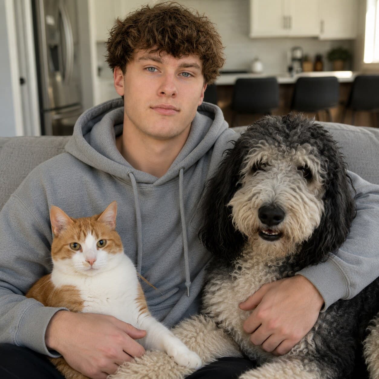 Pet sitter relaxing at home with a cat and dog